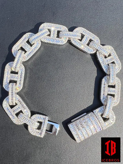 14mm Baguette MOISSANITE Real 925 Sterling Silver Gucci Link Bracelet Passes Diamond Test
