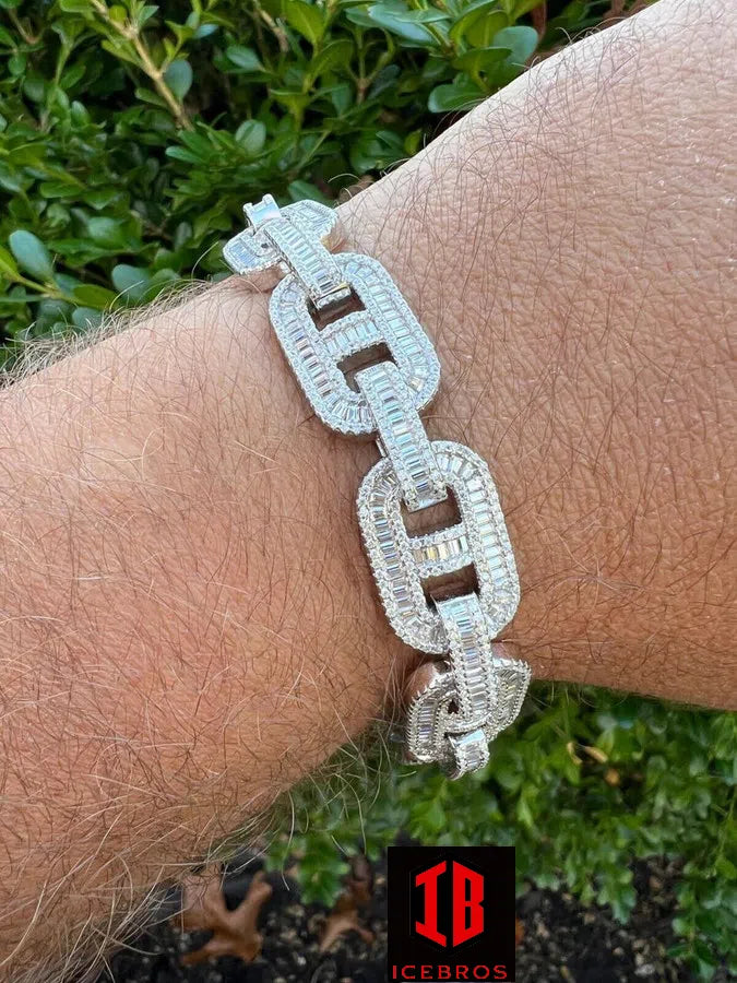 RHODIUM Men’s Solid 925 Silver Baguette Gucci Link Bracelet Iced Thick Flooded Out 15mm