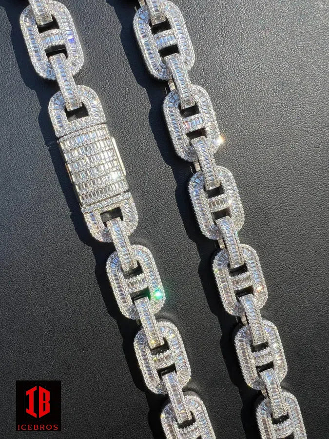 14mm Baguette MOISSANITE Real 925 Sterling Silver Gucci Link Chain Necklace Passes Diamond Test