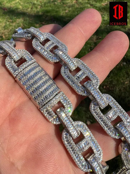 14mm Baguette MOISSANITE Real 925 Sterling Silver Gucci Link Chain Necklace Passes Diamond Test