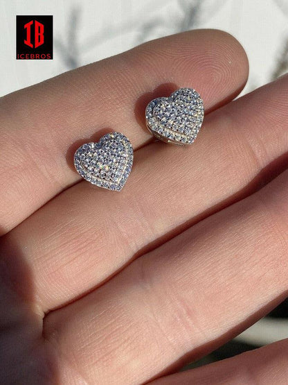 Solid 925 Sterling Silver Iced Moissanite 3D Heart Stud Earrings Passes Diamond Test