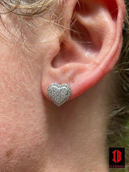 Solid 925 Sterling Silver Iced Moissanite 3D Heart Stud Earrings Passes Diamond Test