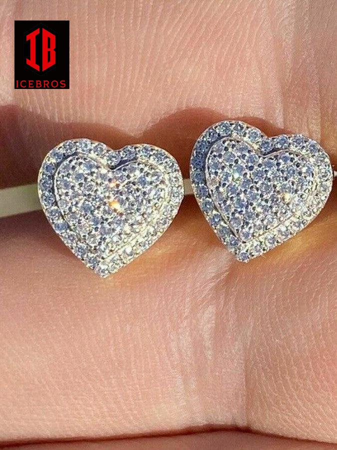 Solid 925 Sterling Silver Iced Moissanite 3D Heart Stud Earrings Passes Diamond Test