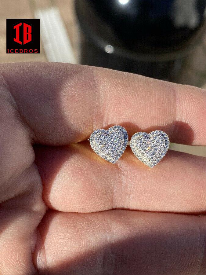 Solid 925 Sterling Silver Iced Moissanite 3D Heart Stud Earrings Passes Diamond Test