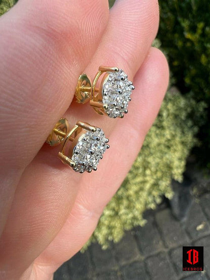 14k Gold Over Vermeil Iced MOISSANITE Earrings Cluster Studs Passes Diamond Tester