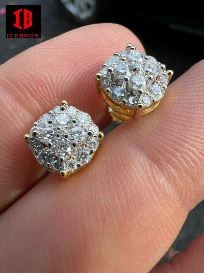 14k Gold Over Vermeil Iced MOISSANITE Earrings Cluster Studs Passes Diamond Tester