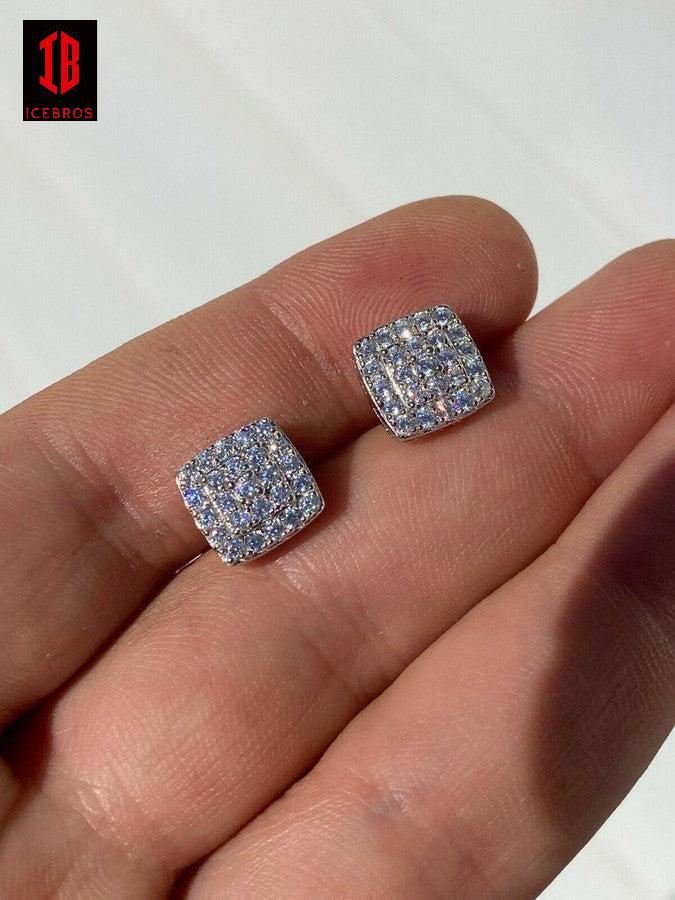 925 Sterling Silver Iced MOISSANITE Square Screw back Earrings Passes Diamond Tester