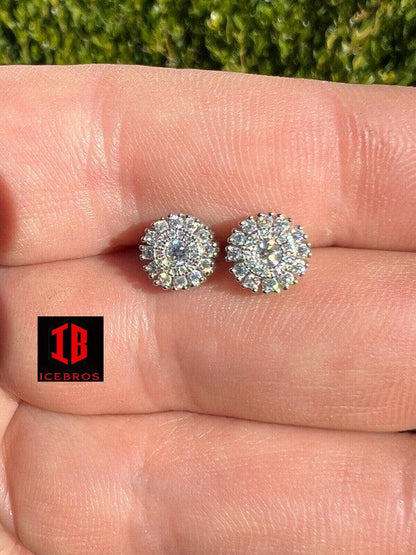 Iced MOISSANITE 8mm Earrings Round Cluster Studs Passes Diamond Tester