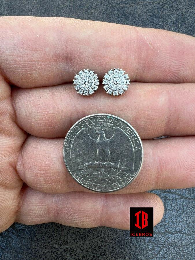 Iced MOISSANITE 8mm Earrings Round Cluster Studs Passes Diamond Tester