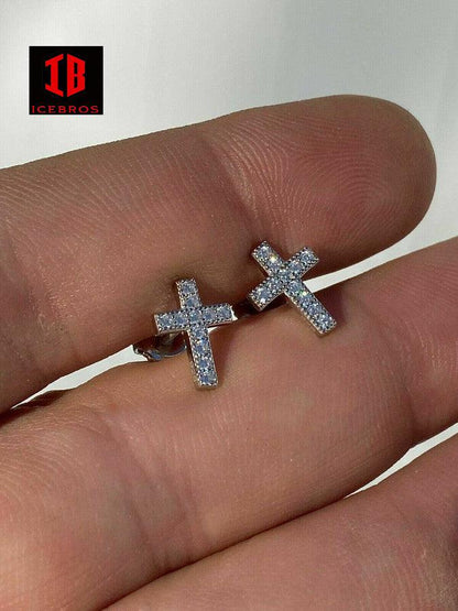 MOISSANITE 925 Sterling Silver Micro Iced Cross Earrings Studs Passes Diamond Tester