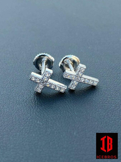 MOISSANITE 925 Sterling Silver Micro Iced Cross Earrings Studs Passes Diamond Tester