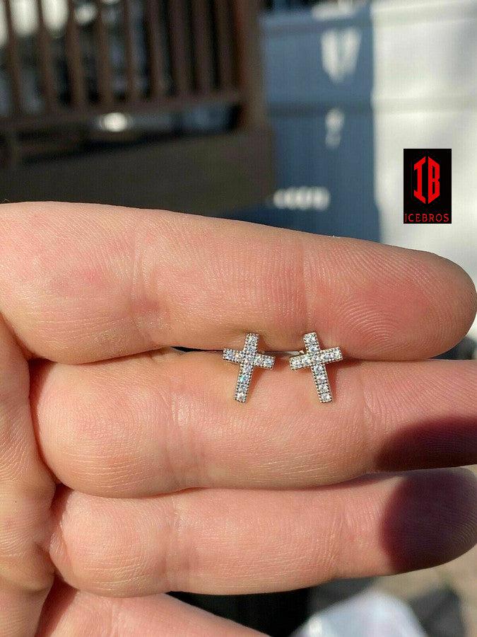 MOISSANITE 925 Sterling Silver Micro Iced Cross Earrings Studs Passes Diamond Tester