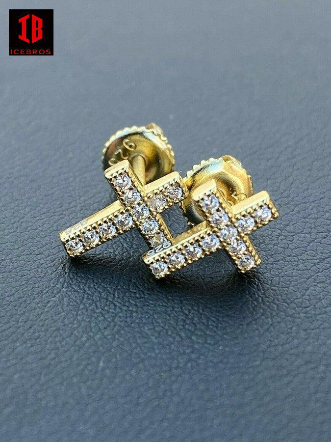 MOISSANITE 925 Sterling Silver Micro Iced Cross Earrings Studs Passes Diamond Tester