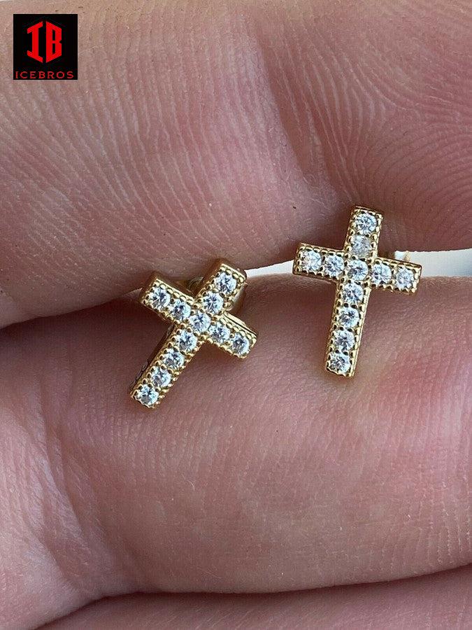 MOISSANITE 925 Sterling Silver Micro Iced Cross Earrings Studs Passes Diamond Tester