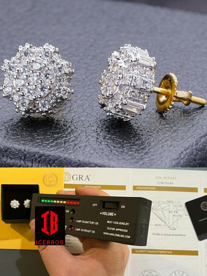 Iced 14k Gold Vermeil baguette Moissanite Earrings Big 10mm Men's Hip Hop Studs