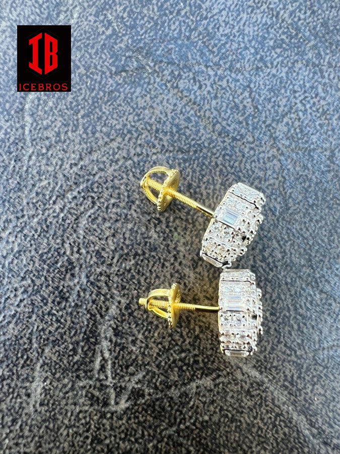 Iced 14k Gold Vermeil baguette Moissanite Earrings Big 10mm Men's Hip Hop Studs