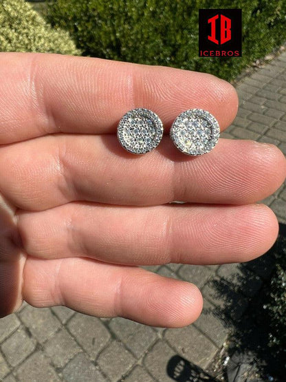 Real 925 Sterling Silver Iced Moissanite Hip Hop Round Earrings Studs Passes Diamond Tester