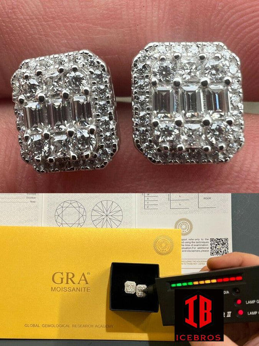 Men’s baguette Moissanite Iced out 925 Sterling Silver Baguette Hip Hop Earrings Studs Passes Diamond Tester