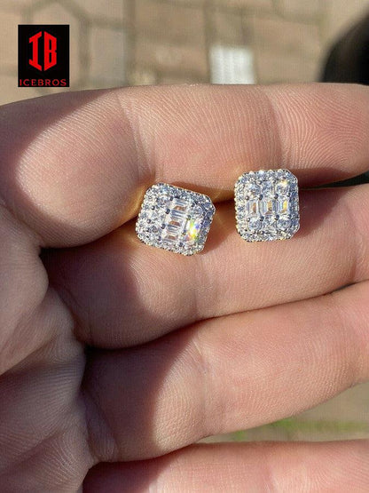 Men’s baguette Moissanite Iced out 925 Sterling Silver Baguette Hip Hop Earrings Studs Passes Diamond Tester