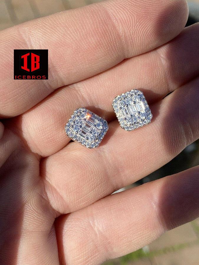 Men’s baguette Moissanite Iced out 925 Sterling Silver Baguette Hip Hop Earrings Studs Passes Diamond Tester