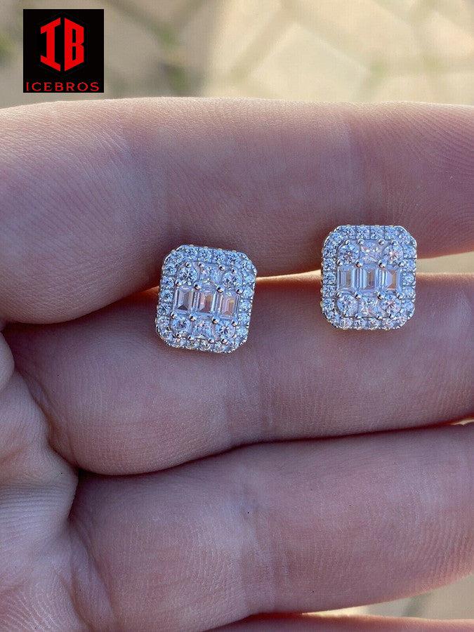 Men’s baguette Moissanite Iced out 925 Sterling Silver Baguette Hip Hop Earrings Studs Passes Diamond Tester