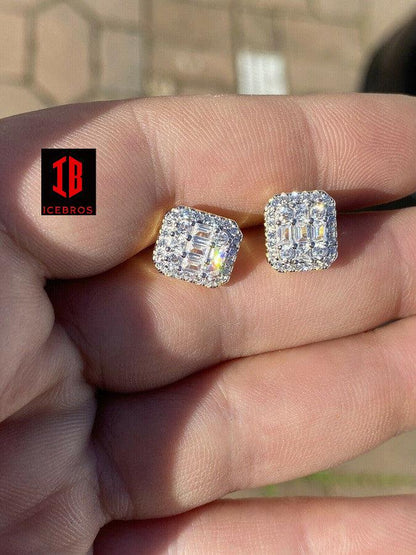 Men’s baguette Moissanite Iced out 925 Sterling Silver Baguette Hip Hop Earrings Studs Passes Diamond Tester