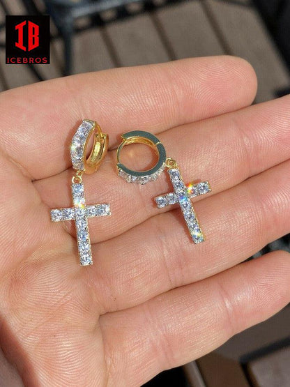 Iced MOISSANITE 14k Gold Vermeil 925 Silver Dangle Cross Stud Earrings 2ct