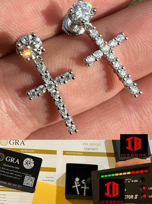 925 Sterling Silver Cross MOISSANITE Earrings Men's Ladies Dangle Iced Pass Diamond Tester