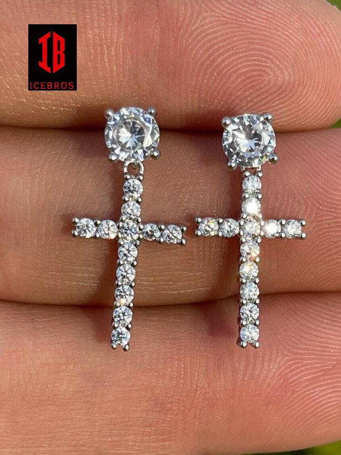 925 Sterling Silver Cross MOISSANITE Earrings Men's Ladies Dangle Iced Pass Diamond Tester