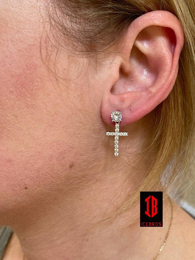 925 Sterling Silver Cross MOISSANITE Earrings Men's Ladies Dangle Iced Pass Diamond Tester