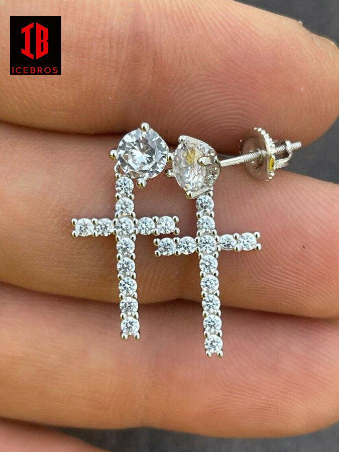 925 Sterling Silver Cross MOISSANITE Earrings Men's Ladies Dangle Iced Pass Diamond Tester