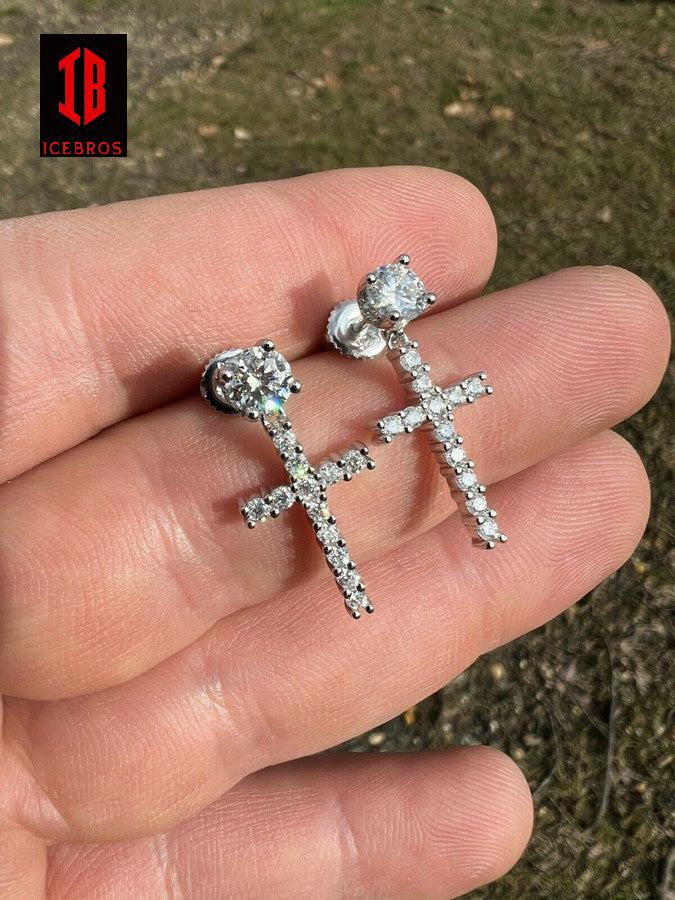 925 Sterling Silver Cross MOISSANITE Earrings Men's Ladies Dangle Iced Pass Diamond Tester