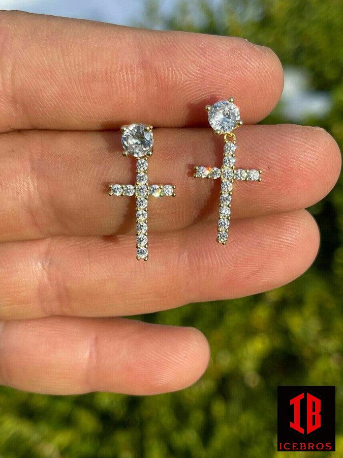 925 Sterling Silver Cross MOISSANITE Earrings Men's Ladies Dangle Iced Pass Diamond Tester