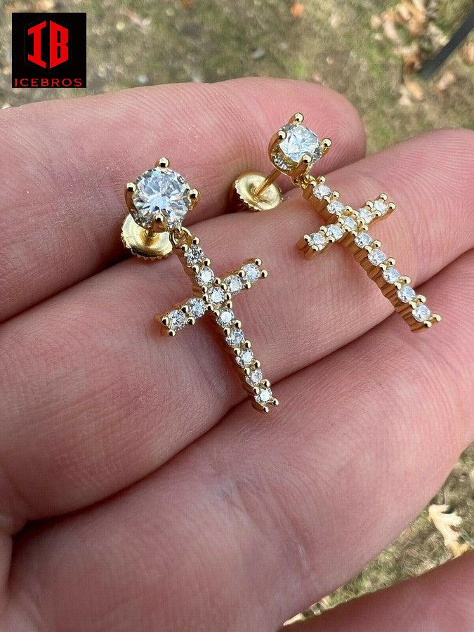 925 Sterling Silver Cross MOISSANITE Earrings Men's Ladies Dangle Iced Pass Diamond Tester