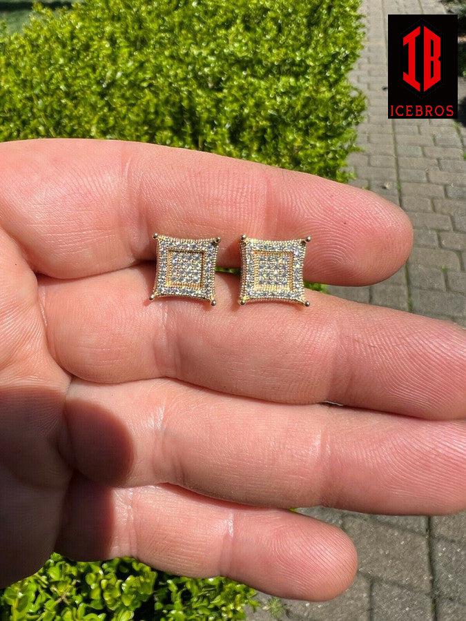 Large 10mm Men's Real Solid 10k Gold Iced Kite Moissanite Earring Studs