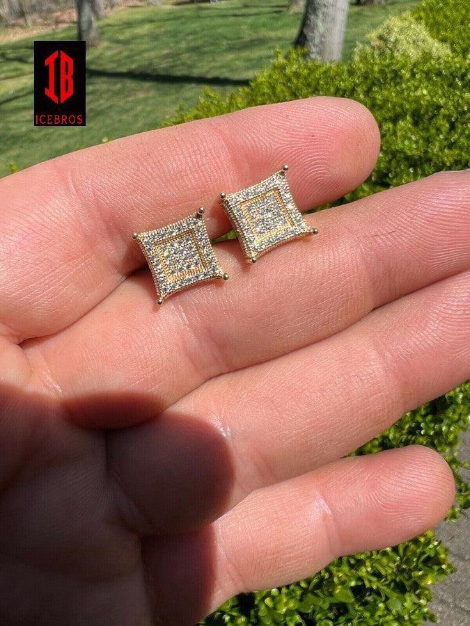 Large 10mm Men's Real Solid 10k Gold Iced Kite Moissanite Earring Studs