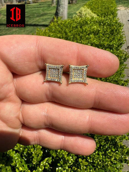 Large 10mm Men's Real Solid 10k Gold Iced Kite Moissanite Earring Studs