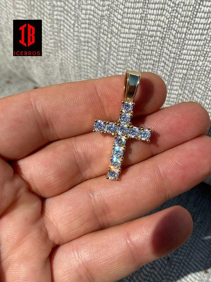 Solid 925 Sterling Silver Cross Iced Pendant MOISSANITE Necklace Passes Diamond Tester