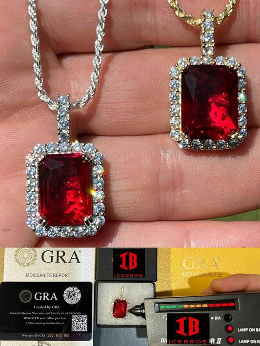 Men's Hip Hop Iced Moissanite Ruby Sapphire Emerald Topaz Charm Pendant Necklace 925 Sterling Silver