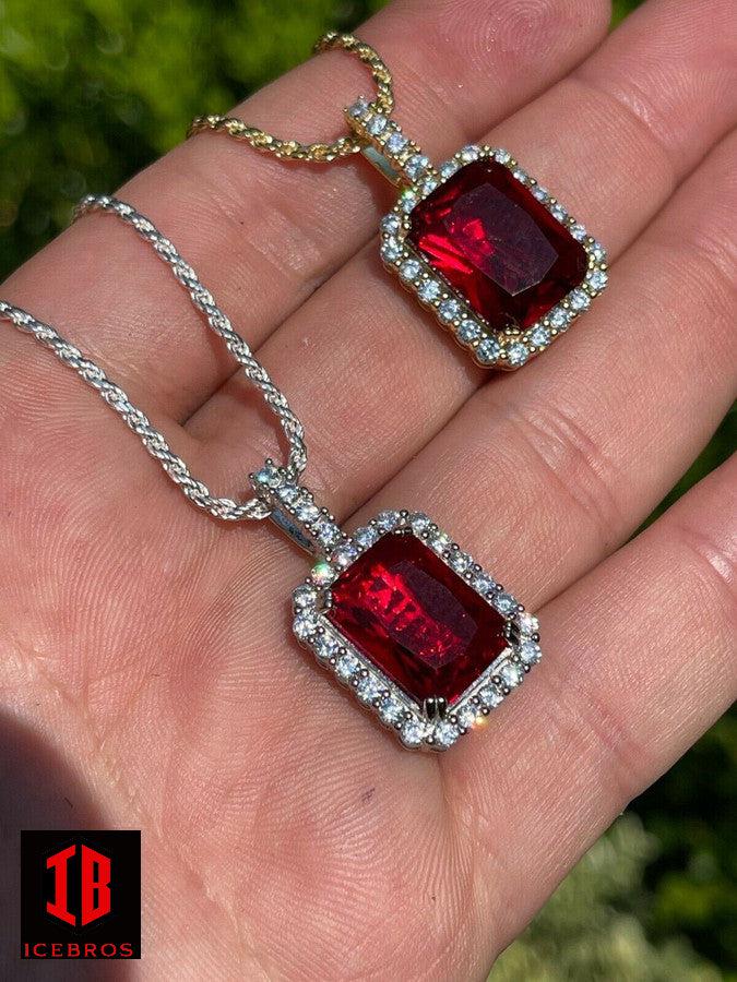 Men's Hip Hop Iced Moissanite Ruby Sapphire Emerald Topaz Charm Pendant Necklace 925 Sterling Silver