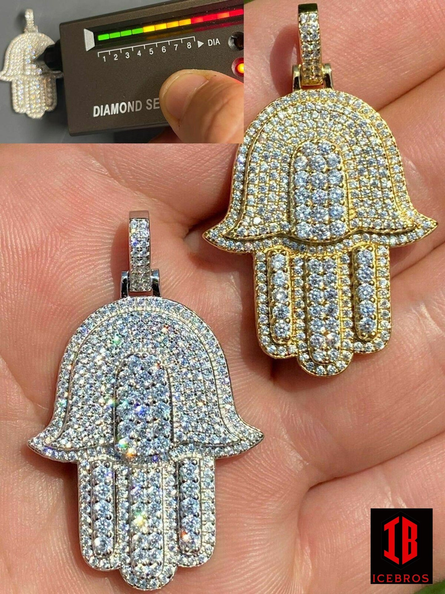 925 Silver Gold Hamsa Hand Pendant Iced Moissanite Passes Diamond Tester