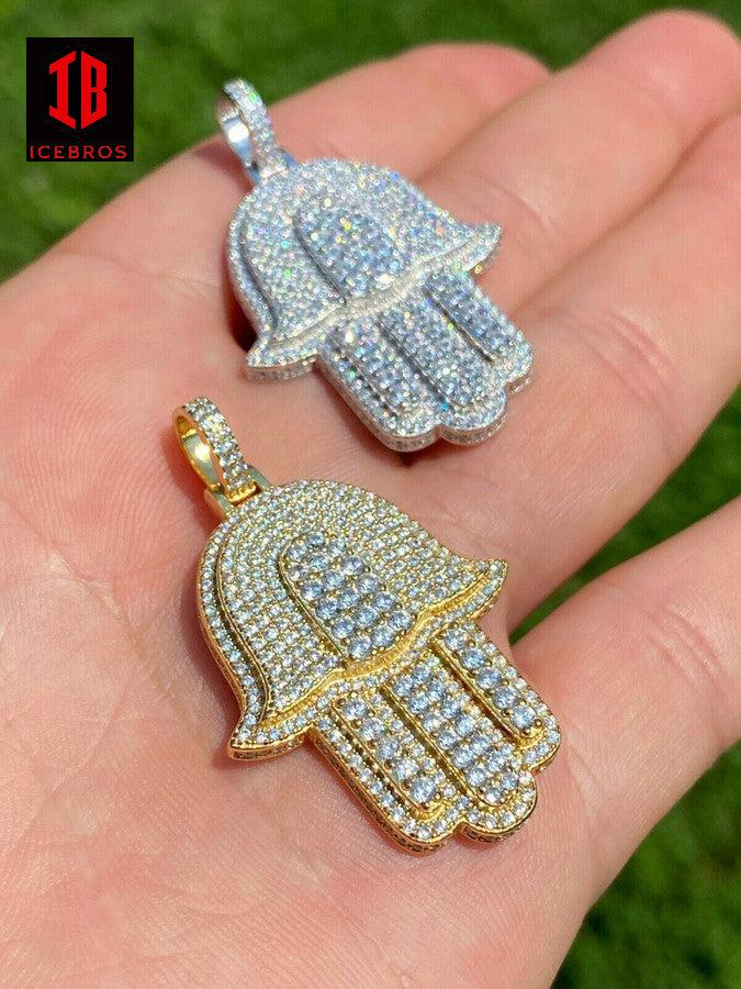 925 Silver Gold Hamsa Hand Pendant Iced Moissanite Passes Diamond Tester