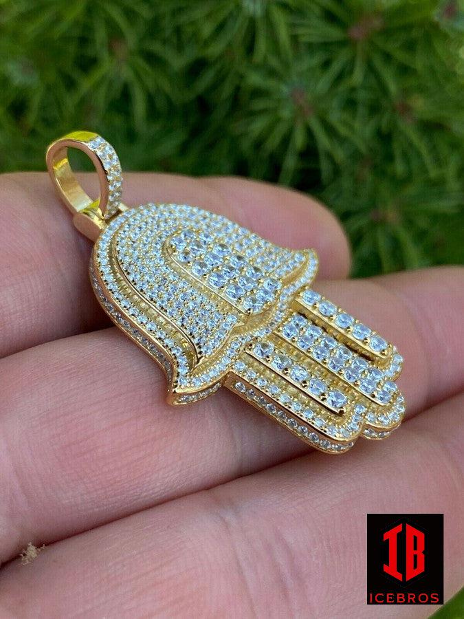 925 Silver Gold Hamsa Hand Pendant Iced Moissanite Passes Diamond Tester