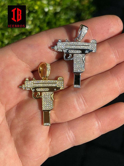 MOISSANITE Solid 925 Sterling Silver Iced Machine Pistol Gun Pendant