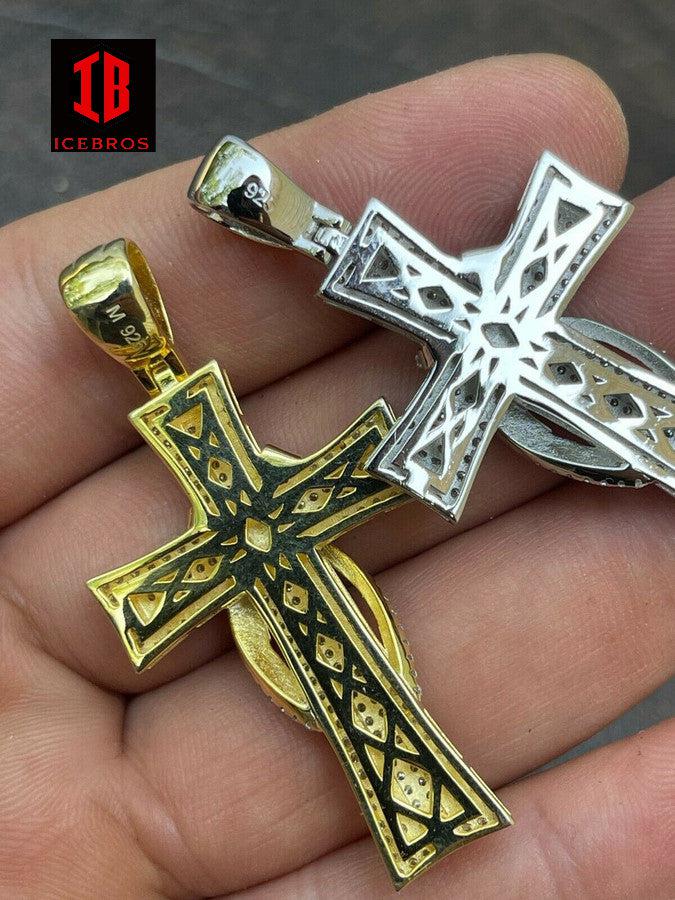 MOISSANITE Real 925 Sterling Silver Vermeil Cross Pendant Necklace Iced Pass Diamond Tester