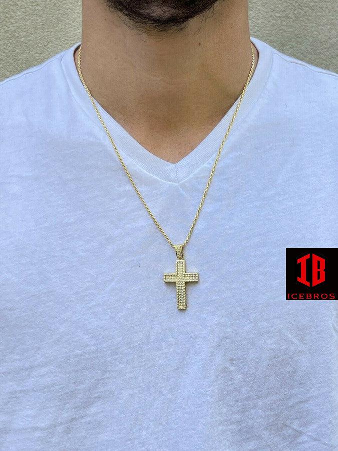 10k Solid Real Yellow White Gold Cross Pendant Iced Out Hip Hop