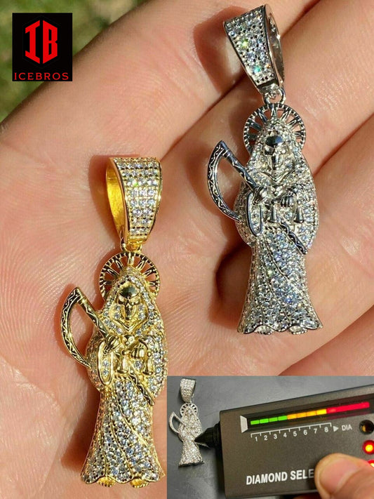 925 Sterling Silver Vermeil Grim Reaper Pendant Charm Necklace Real Moissanite