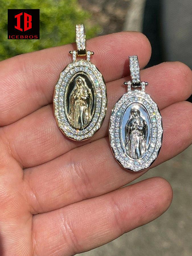 Solid 925 Sterling Silver MOISSANITE Virgin Mary Necklace Charm Iced Medallion