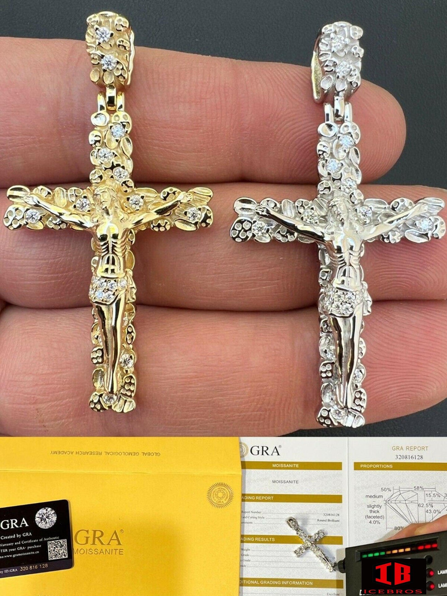 MOISSANITE 925 Sterling Silver Iced Nugget Jesus Charm Cross Pendant Passes Diamond Test