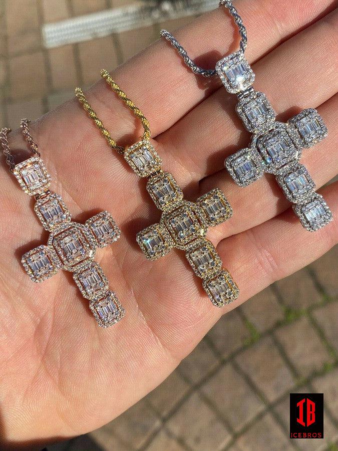 Baguette MOISSANITE Iced Out Cross Charm Pendant - Passes Diamond Tester Silver Gold